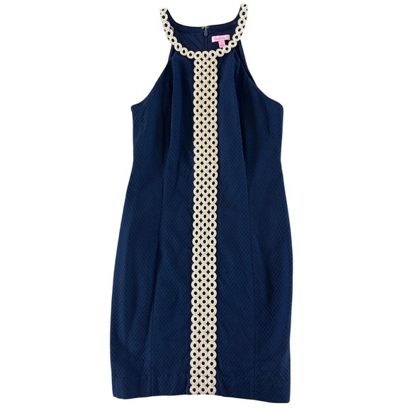 Lilly Pulitzer Sasha Shift Dress Halter Size 8 Navy Blue Metallic Gold Resort - Picture 5 of 15